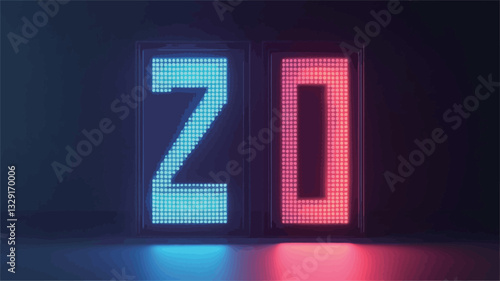 Close-up view of a stylized number "20" rendered in neon lighting. The number two is illuminated in cool blue tones while the number zero is in warm red. Both numbers are presented in a square,