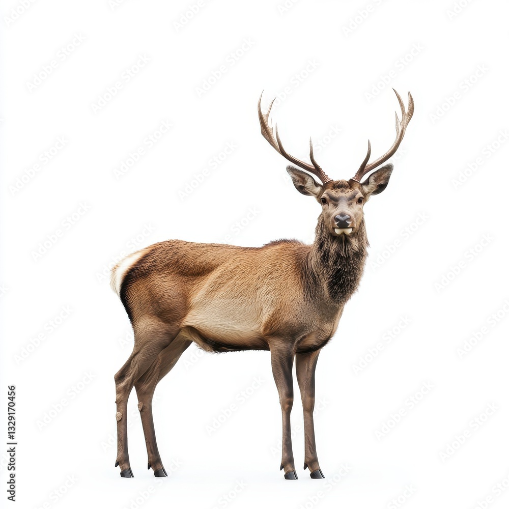 Noble Deer Standing Tall in Bright Isolation Detailed Wildlife Portrait Undulating Fur Antlers Noble Deer Standing Tall in Bright Isolation Detailed Wildlife Portrait Undulating Fur Antlers
