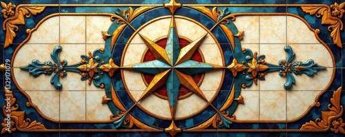 Abstract scrollwork & compass rose tile inlay, inlay, scroll