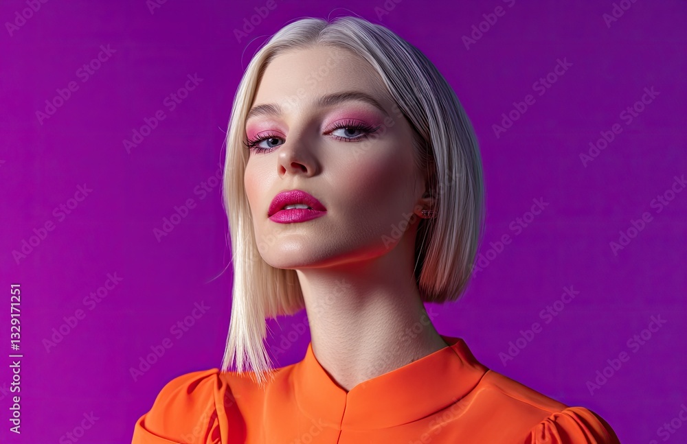 Stunning white woman with sleek hair and vibrant pink lipstick, posing against a vivid magenta background for an elegant makeup look Stunning white woman with sleek hair and vibrant pink lipstick, posing against a vivid magenta background for an elegant makeup look