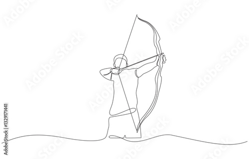 One single line drawing of young archer man focus exercising archery to hit the target, Continuous single line sketch drawing of professional archer bow athlete aiming target vector illustration.