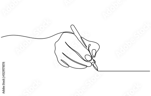 Hand holding pen Continuous line drawing. Hand drawing line with pen in one line drawing, line art hand writing continuous line art drawing hand with pen line art illustration.