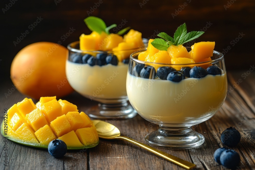 Enjoying Delicious Mango Dessert with Blueberries on Rustic Wooden Table Enjoying Delicious Mango Dessert with Blueberries on Rustic Wooden Table