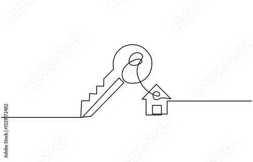 Continuous one line art drawing symbol of house keys, Real Estate Line Icon Vector Design, Continuous line art drawing of a house with a key, Set of keys against white background.
