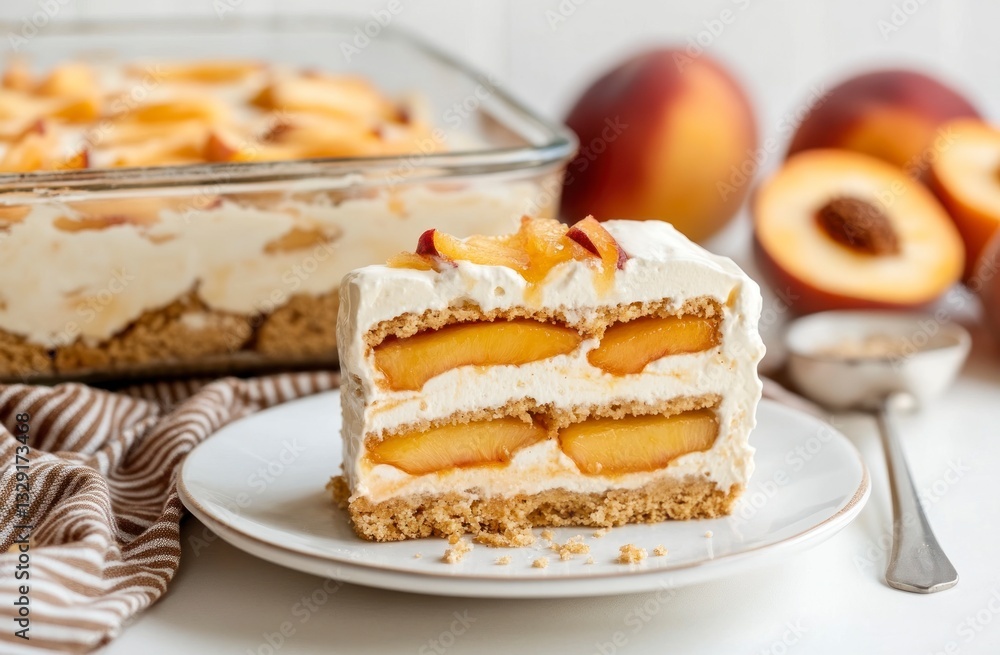 Serving Delicious Peach Icebox Cake Dessert with Fresh Fruit Serving Delicious Peach Icebox Cake Dessert with Fresh Fruit