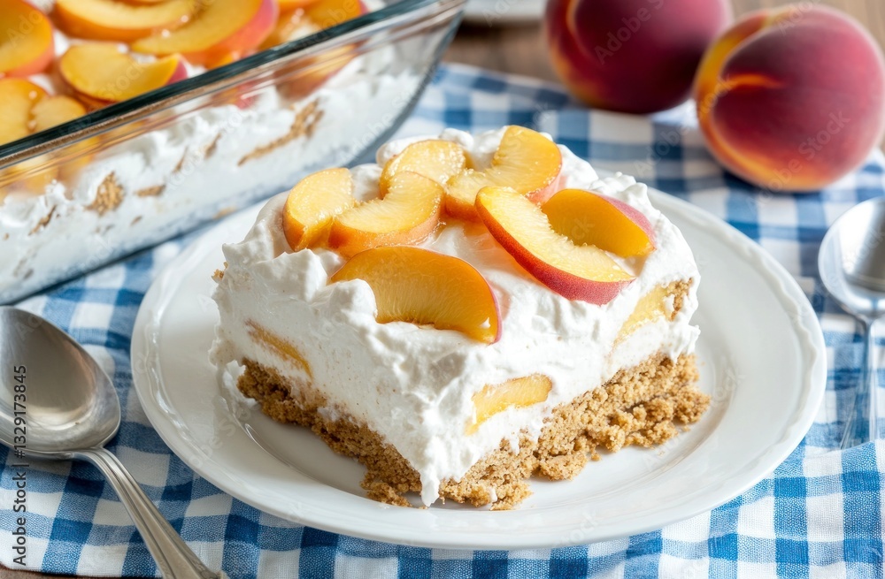 Delicious Peach Dessert Squares with Creamy Topping on Blue Checkered Cloth Delicious Peach Dessert Squares with Creamy Topping on Blue Checkered Cloth