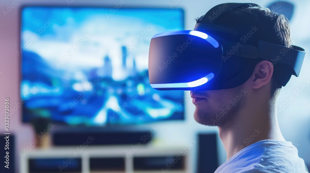 A virtual reality gaming system, living room with user fully immersed in VR game, Entertainment-tech style A virtual reality gaming system, living room with user fully immersed in VR game, Entertainment-tech style