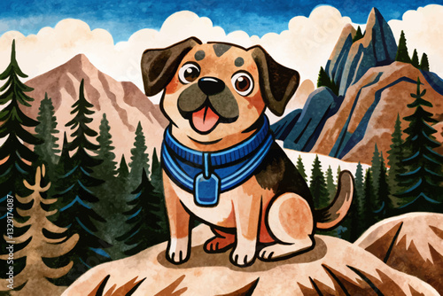 funny dog in beautiful mountains natural forest abstract cartoon illustration