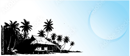 	
Hand-drawn illustration of a rustic hut on a tropical island, lined with tall palm trees. Captures the essence of solitude, tranquility, and island life.