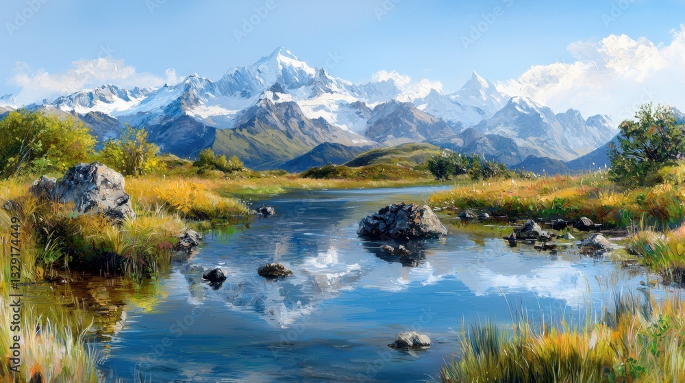 A Beautiful Painting of a Mountain Lake Surrounded by Majestic Mountain Ranges in the Background A Beautiful Painting of a Mountain Lake Surrounded by Majestic Mountain Ranges in the Background