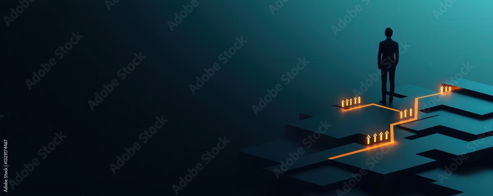 Create Opportunities development goal-setting concept. Person standing on a digital path with glowing lines in a dark environment. Create Opportunities development goal-setting concept. Person standing on a digital path with glowing lines in a dark environment.