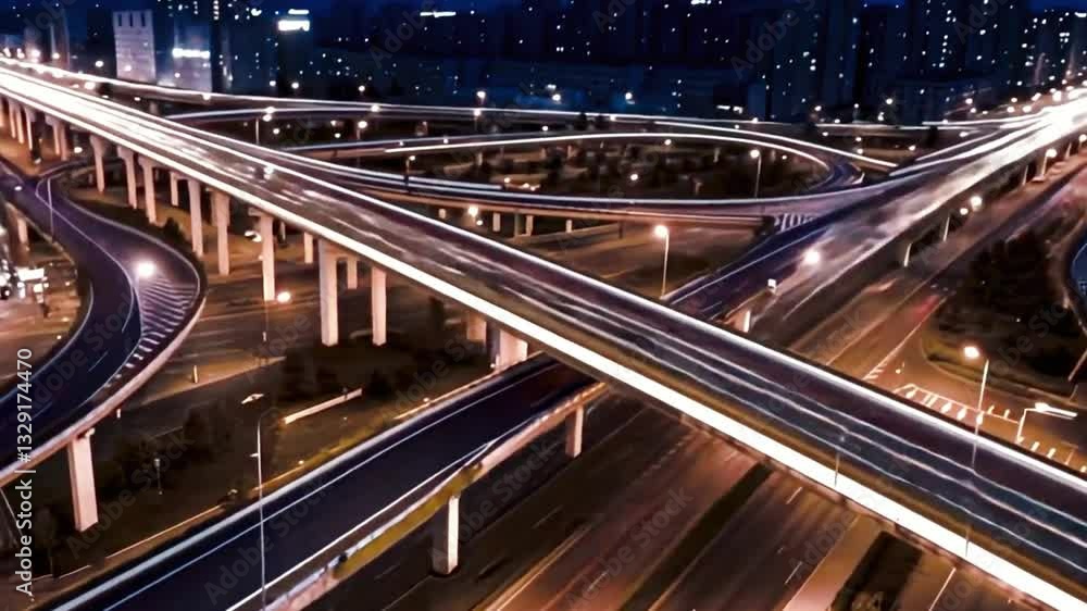 4K time-lapse aerial view of highway interchange with mesmerizing light trails, vehicles weaving through ramps and overpasses, showcasing urban infrastructure and city motion 4K time-lapse aerial view of highway interchange with mesmerizing light trails, vehicles weaving through ramps and overpasses, showcasing urban infrastructure and city motion