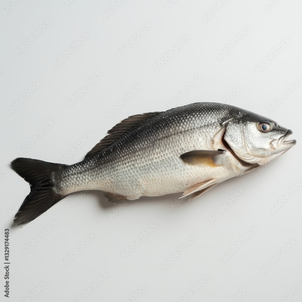 Silver Scales and Sturdy Fins A Fresh Fish Resting on Plain Background Freshness and Quality Silver Scales and Sturdy Fins A Fresh Fish Resting on Plain Background Freshness and Quality