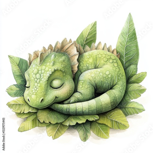 Sleepy Hatchling Reptile Resting Among Leaves Cute Cartoon Illustration for Childrens Books