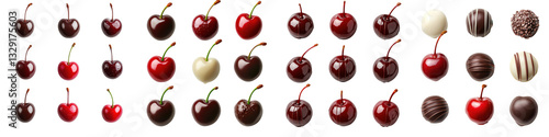 A diverse collection of different cherry varieties including dark colored red and white cherries as well as chocolate covered cherries and other confections