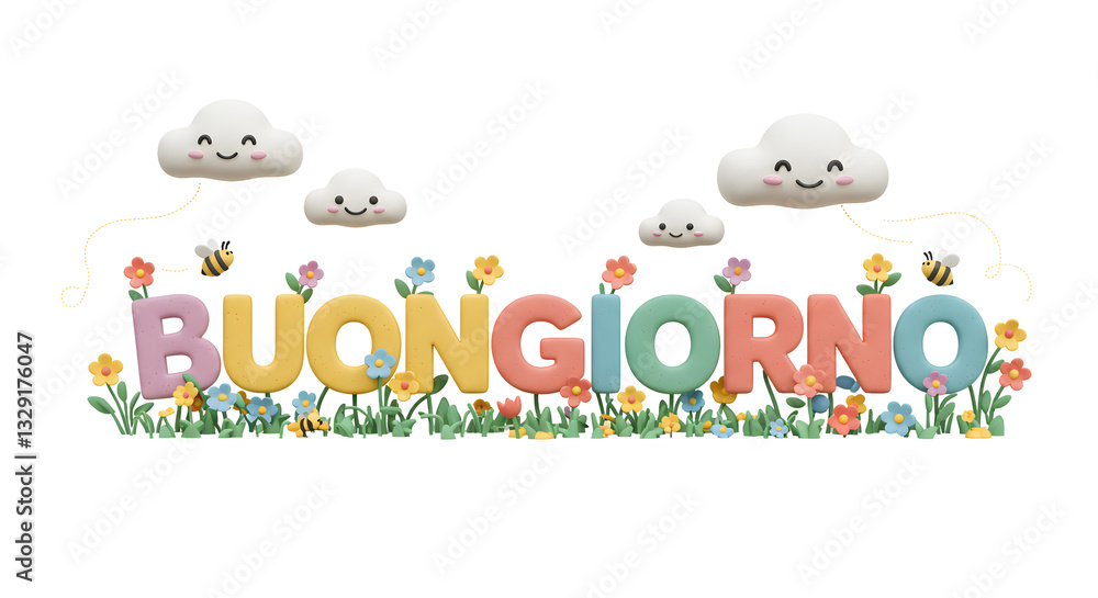 Obraz premium Buongiorno Pastel Floral Illustration with Cute Bees and Clouds
