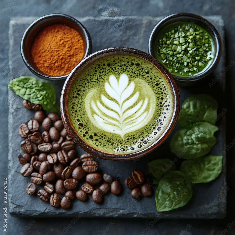 a vibrant top-down view of matcha latte art with spices and coffee beans arranged on the surface a vibrant top-down view of matcha latte art with spices and coffee beans arranged on the surface