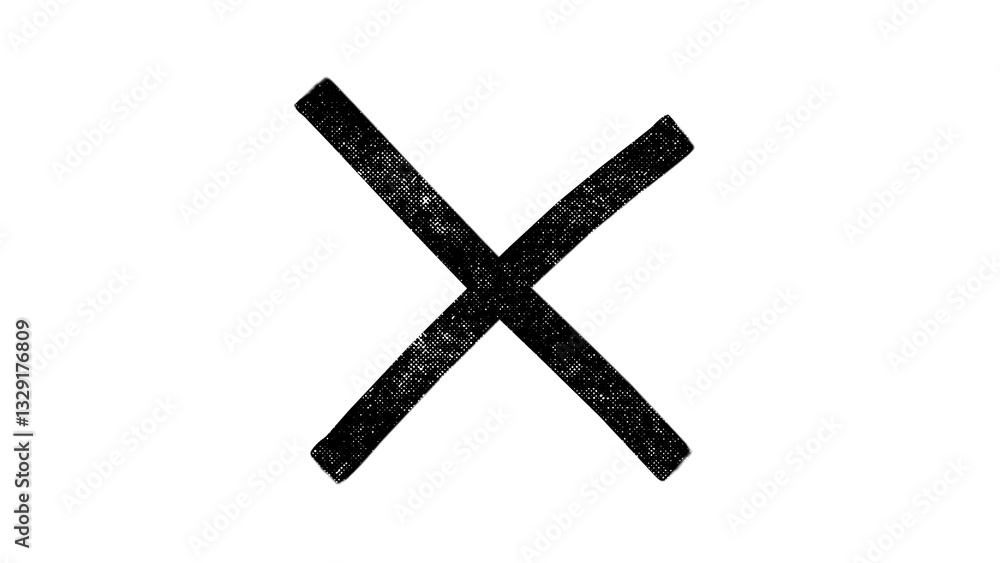 Obraz premium A black cross or X mark, drawn with a brush, with little dots inside it, on a white background.