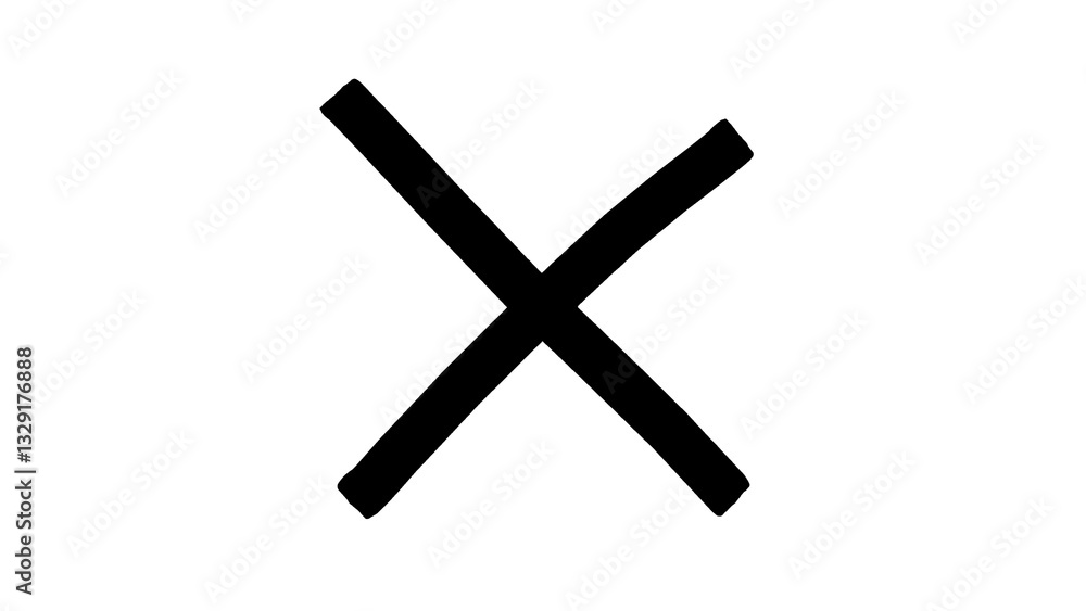 Fototapeta premium A black cross or X mark, drawn with a brush, with little dots inside it, on a white background.