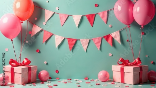 Festive birthday background with pink balloons, gifts and garlands