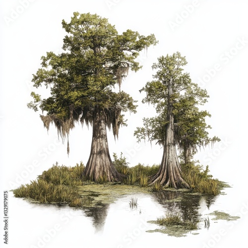 Tranquil Cypress Trees in a Marsh Landscape Painting Style Illustration with Water Reflections