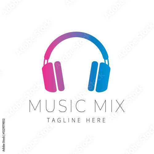 Modern music logo with stylish headphones and text in gradient colors. Perfect for music projects, DJs, recording, podcasts, radio, streaming services, online platforms, festivals and blogs