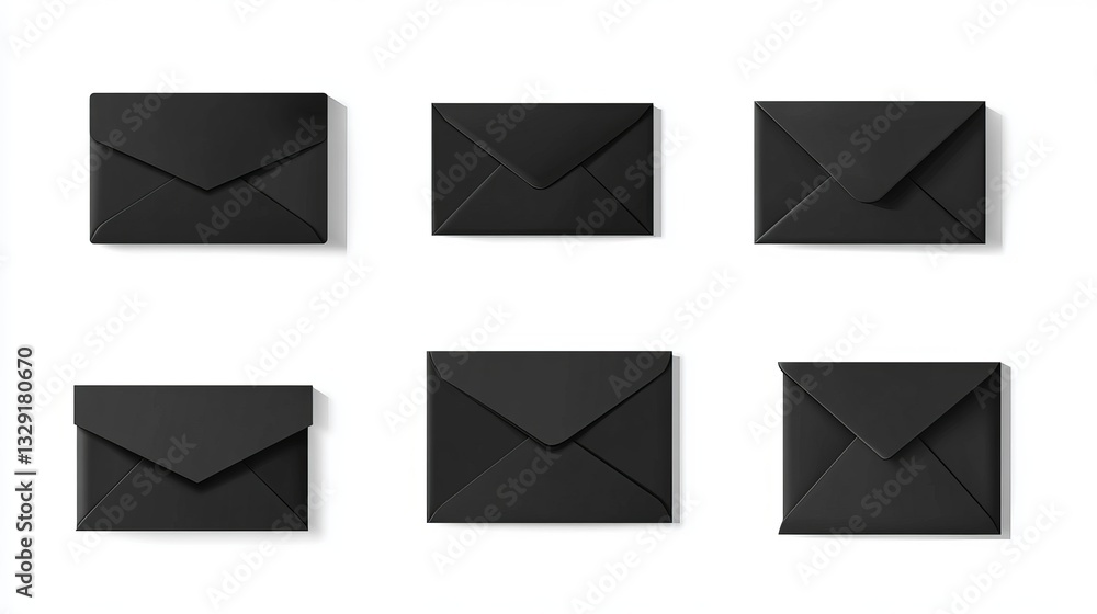 A vector collection of realistic black envelopes displayed in various positions, including folded and unfolded mockups, set against a white background A vector collection of realistic black envelopes displayed in various positions, including folded and unfolded mockups, set against a white background