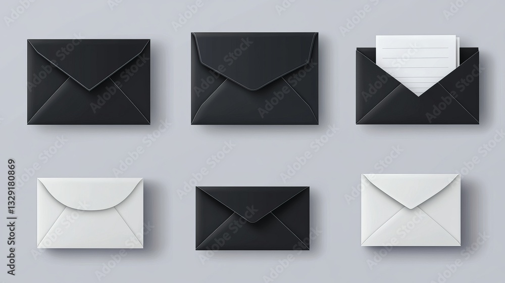 A vector collection of realistic black envelopes, including open, closed, folded, and unfolded designs with letters inside, symbolizing messages and secrets A vector collection of realistic black envelopes, including open, closed, folded, and unfolded designs with letters inside, symbolizing messages and secrets