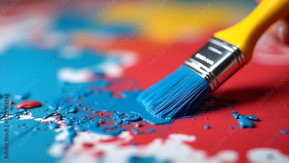 Obraz premium Close-up photography, paintbrush with blue paint, vibrant colors, red background,