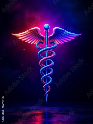 World Health Day.  Caduceus medical symbol with wings glowing in vibrant neon colors on a dark background, creating a striking visual representation of healthcare and medicine