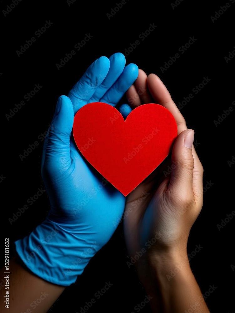 Fototapeta premium World Health Day. A doct wearing blue medical gloves and patient holding a vibrant red heart together, representing the powerful themes of healthcare, love, and compassionate support in a warm, caring