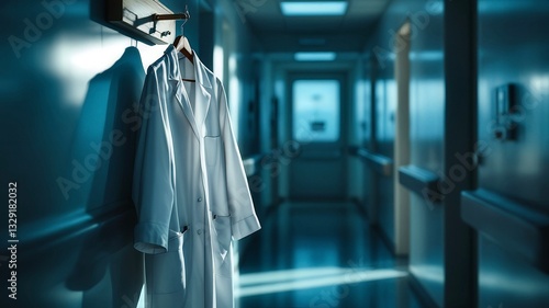 World Health Day. Hanging on a wooden hanger, a white lab coat occupies a dimly lit hospital corridor, creating an atmosphere of absence and quietude, evoking feelings of solitude and anticipation