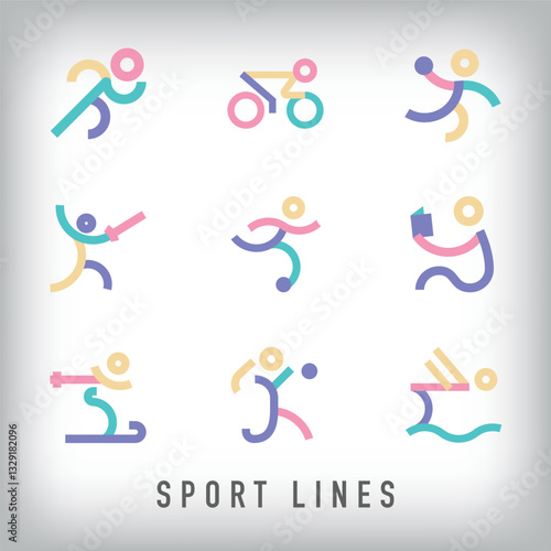 9 different sports design sets of modern lines. Unique linear sports line design, corporate identity.