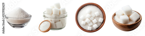 An assortment of white sugar cubes and powdered sugar in various glass and wooden bowls showcasing different forms of this common sweetening ingredient used in cooking and baking