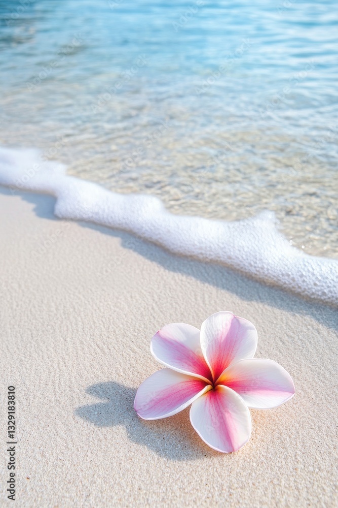 A plumeria flower resting gracefully on the gentle coastline invites feelings of peace and serenity. A plumeria flower resting gracefully on the gentle coastline invites feelings of peace and serenity.
