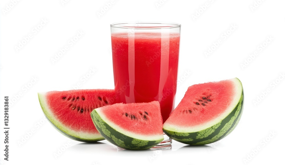 Refreshing Watermelon Juice with Slices Isolated on White Background Refreshing Watermelon Juice with Slices Isolated on White Background