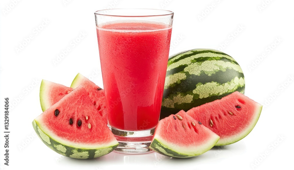 Refreshing Watermelon Juice with Slices and Whole Fruit on White Background Refreshing Watermelon Juice with Slices and Whole Fruit on White Background