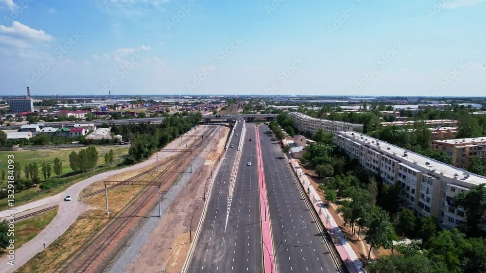 Drone over a road bridge with passing cars Drone over a road bridge with passing cars
