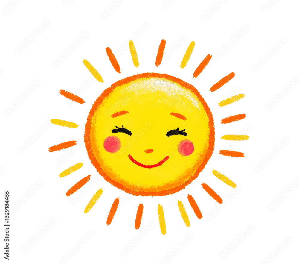 Smiling sun with eyelashes, rosy cheeks and crayon texture, transparent background Smiling sun with eyelashes, rosy cheeks and crayon texture, transparent background