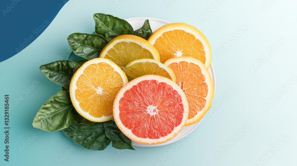 Vitamins and Magnesium Dietary Supplement for Health, Slices of vibrant citrus fruits on green leaves Vitamins and Magnesium Dietary Supplement for Health, Slices of vibrant citrus fruits on green leaves