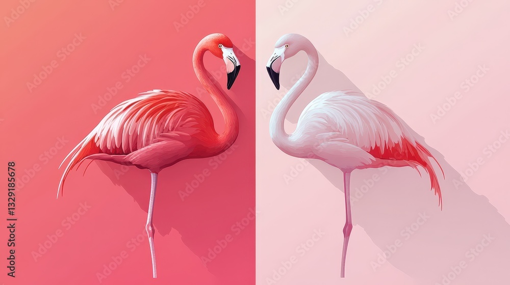 Obraz premium Graceful pink flamingo stands elegantly against a soft pink backdrop, its delicate neck arched gracefully as it gazes subtly to the left, embodying tranquil beauty