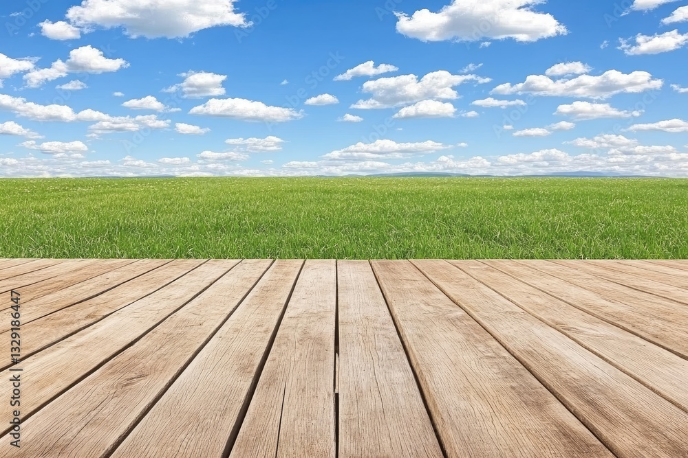 Wooden deck over a grassy field under a blue sky Wooden deck over a grassy field under a blue sky