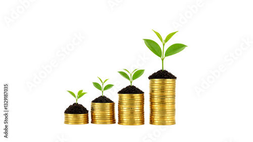 Three stacks of golden coins money growth concept isolated on transparent background. generative ai