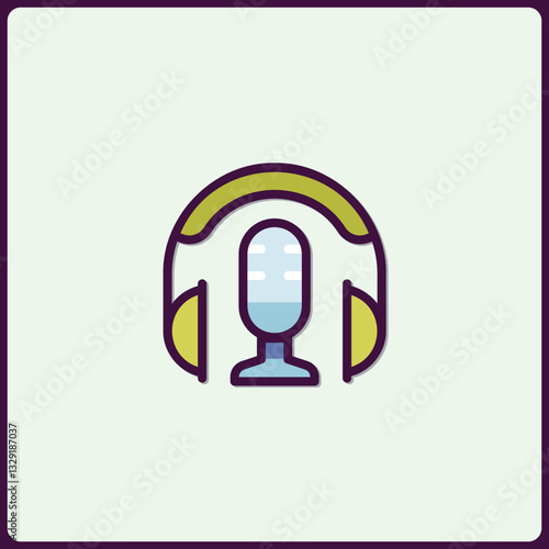 Modern podcasting emblem featuring headphone and microphone illustration