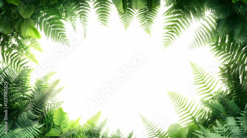 Lush tropical foliage frame, showcasing vibrant green leaves and ethereal bright center
