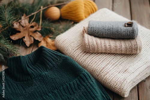 Cozy knitted garments arranged on a wooden surface with natural decorations for a warm winter vibe photo