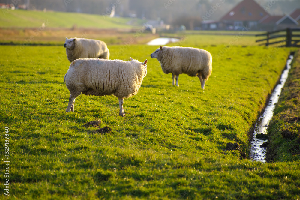 Fototapeta premium Sheep and ram breeding in Holland, green grass