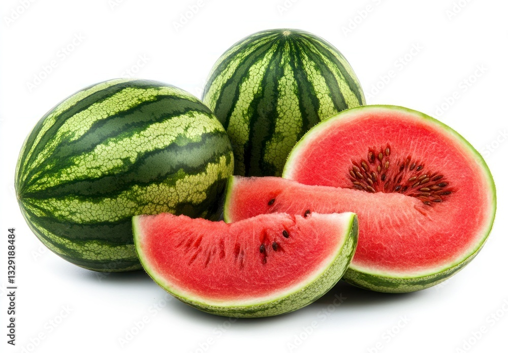 Fresh Whole and Sliced Watermelon on White Background for Summer Fresh Whole and Sliced Watermelon on White Background for Summer
