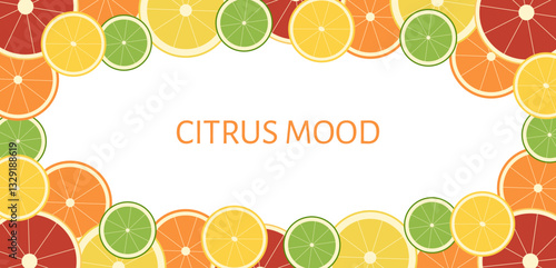 Citrus background frame of grapefruit, orange, lemon, lime, pomelo slices. With space for text. Vector. Transparent background