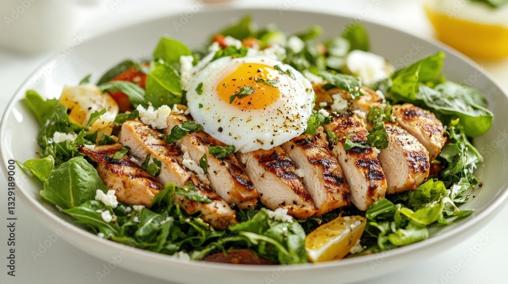 A gourmet Caesar salad with grilled chicken and a poached egg on top A gourmet Caesar salad with grilled chicken and a poached egg on top